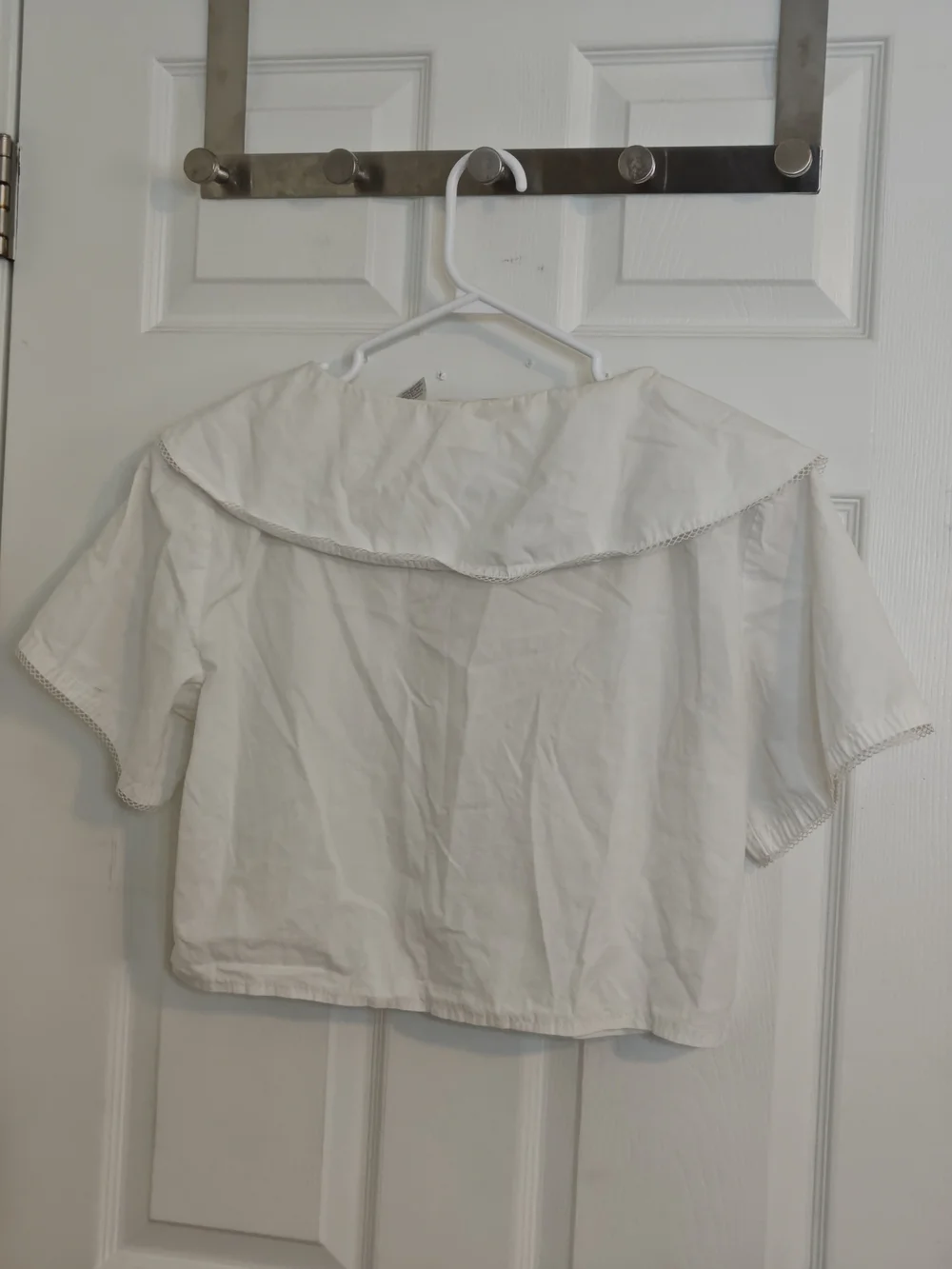 Vintage Cheryl Tiegs 80s Lace Trim Peter Pan/Sailor Collar Blouse Crop Top 12 - Picture 2 of 16